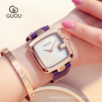 GUOU Korean Style Charm Dress Ladies Watches Quartz Casual Leather Bracelet Fashion Watch Square Dial Analog Wristwatch Reloj